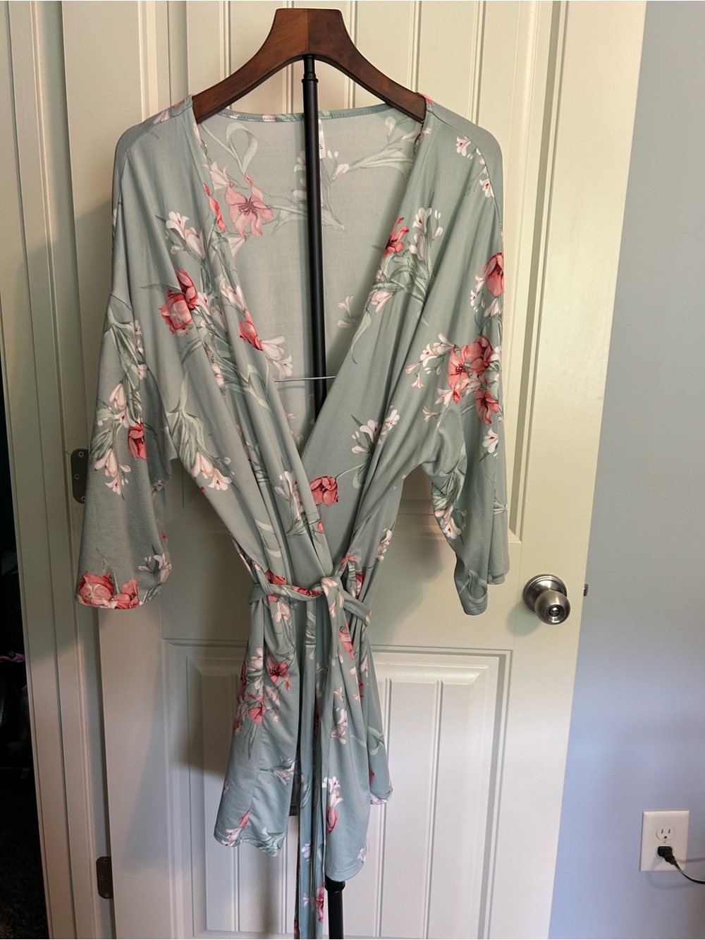 flora Floral Wrap Robe in Sage Green with Pink Blooms